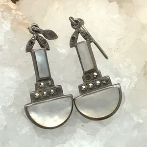 Hematite, Mother of Pearl & Silver Dangle Earrings